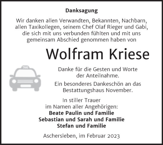 Traueranzeige von Wolfram Kriese von Trauerkombi Aschersleben
