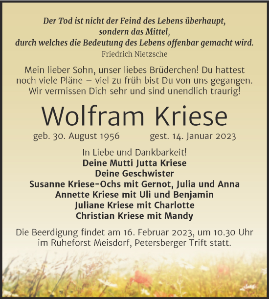 Traueranzeige von Wolfram Kriese von Mitteldeutsche Zeitung Halle/Saalkreis