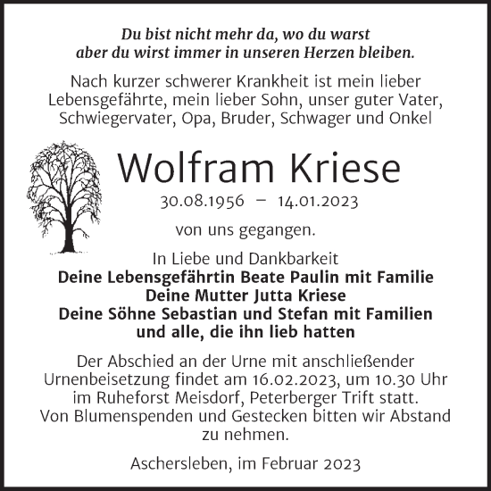 Traueranzeige von Wolfram Kriese von Trauerkombi Aschersleben
