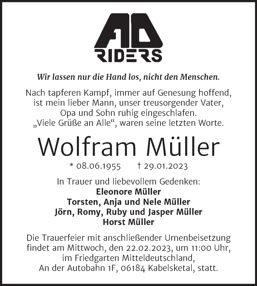  Traueranzeige für Wolfram Müller vom 18.02.2023 aus Mitteldeutsche Zeitung Halle/Saalkreis