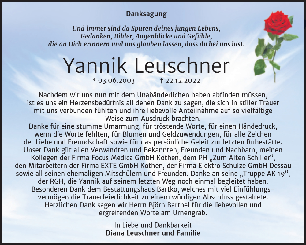  Traueranzeige für Yannik Leuschner vom 03.02.2023 aus Trauerkombi Köthen