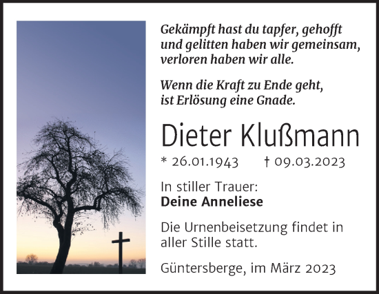Traueranzeige von Dieter Klußmann von Trauerkombi Quedlinburg