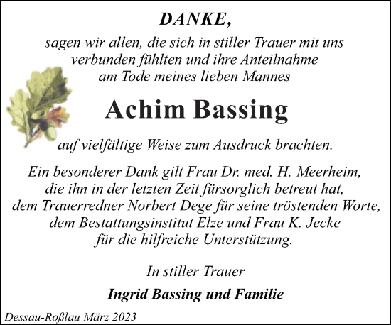 Traueranzeige von Achim Bassing von Trauerkombi Dessau