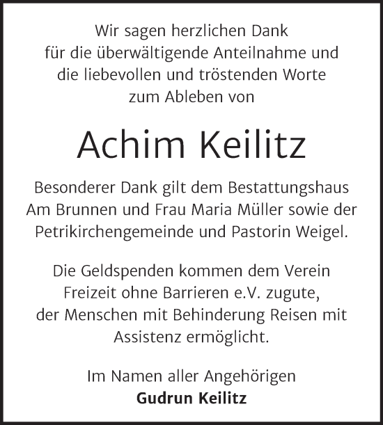 Traueranzeige von Achim Keilitz von Trauerkombi Mansfelder Land