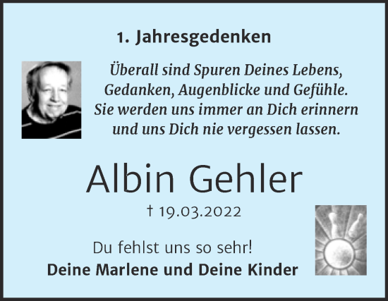 Traueranzeige von Albin Gehler von Trauerkombi Dessau