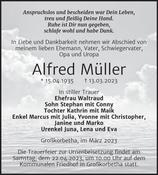 Traueranzeige von Alfred Müller von Trauerkombi Weißenfels