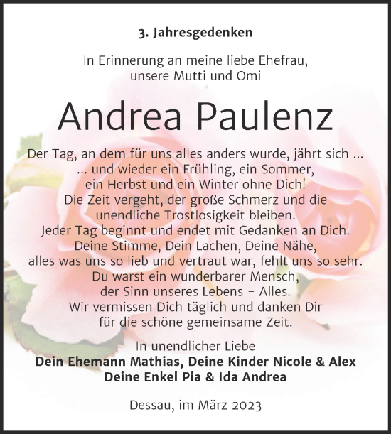 Traueranzeige von Andrea Paulenz von Mitteldeutsche Zeitung Dessau-Roßlau