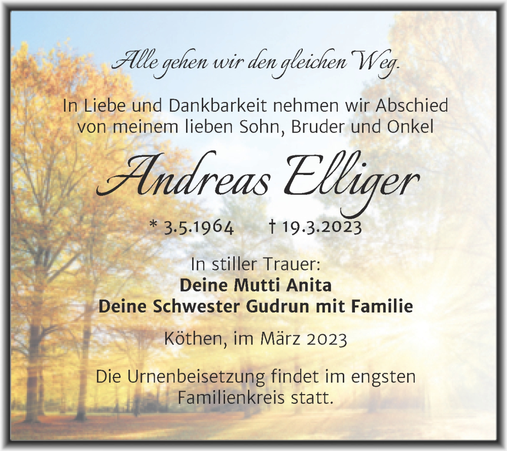  Traueranzeige für Andreas Elliger vom 22.03.2023 aus Trauerkombi Köthen
