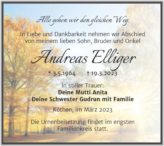 Traueranzeige von Andreas Elliger von Trauerkombi Köthen