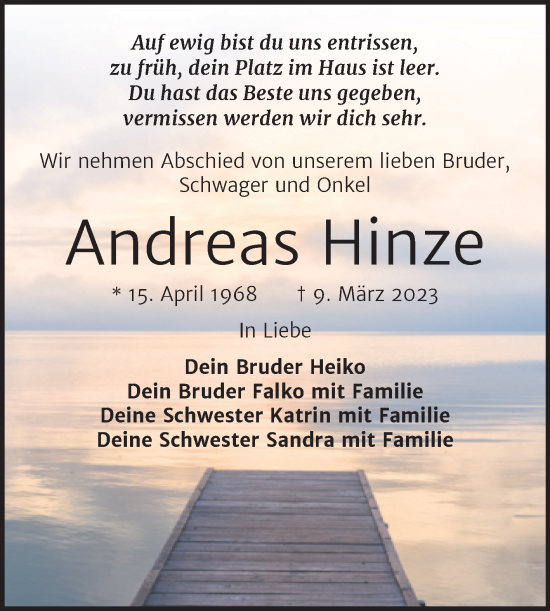 Traueranzeige von Andreas Hinze von Trauerkombi Weißenfels