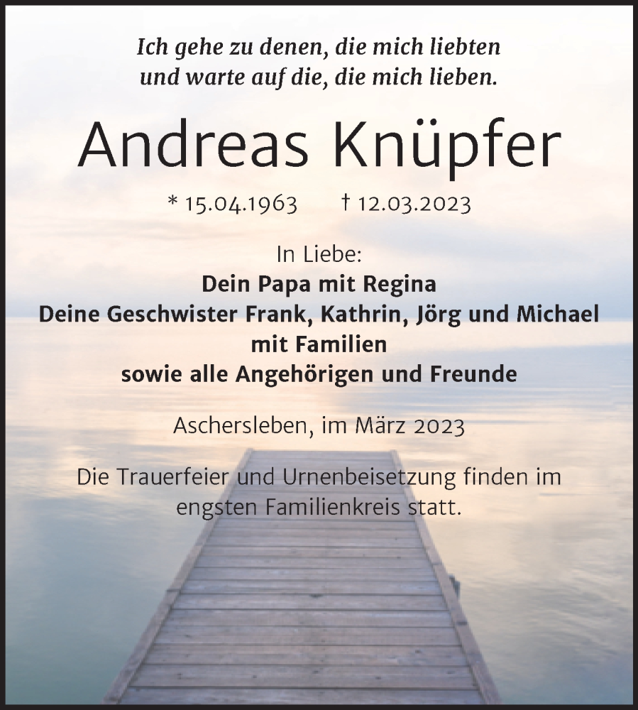  Traueranzeige für Andreas Knüpfer vom 18.03.2023 aus Trauerkombi Aschersleben