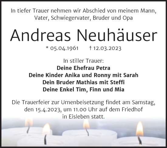 Traueranzeige von Andreas Neuhäuser von Trauerkombi Mansfelder Land