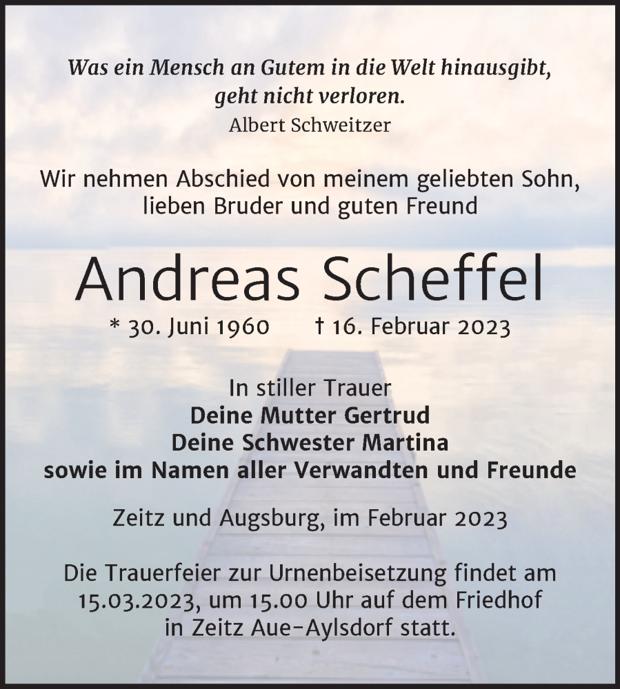  Traueranzeige für Andreas Scheffel vom 11.03.2023 aus Trauerkombi Zeitz