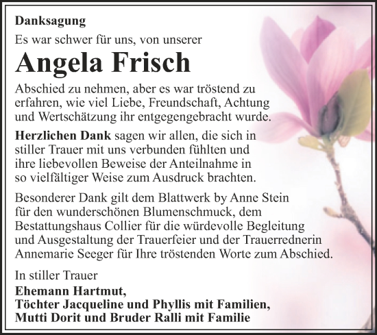 Traueranzeige von Angela Frisch von Trauerkombi Dessau