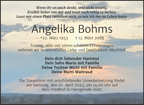 Traueranzeige von Angelika Bohms von Trauerkombi Quedlinburg