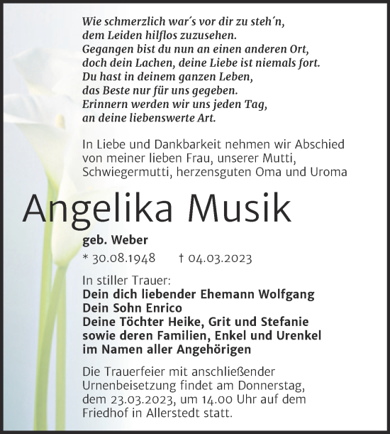 Traueranzeige von Angelika Musik von Wochenspiegel Naumburg/Nebra