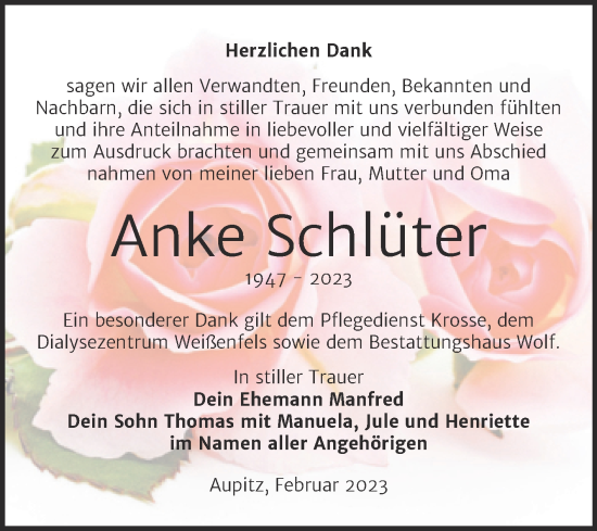 Traueranzeige von Anke Schlüter von Trauerkombi Weißenfels