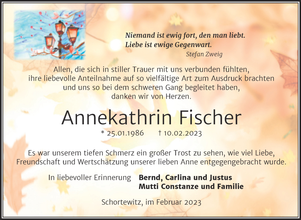  Traueranzeige für Annekathrin Fischer vom 04.03.2023 aus Trauerkombi Köthen