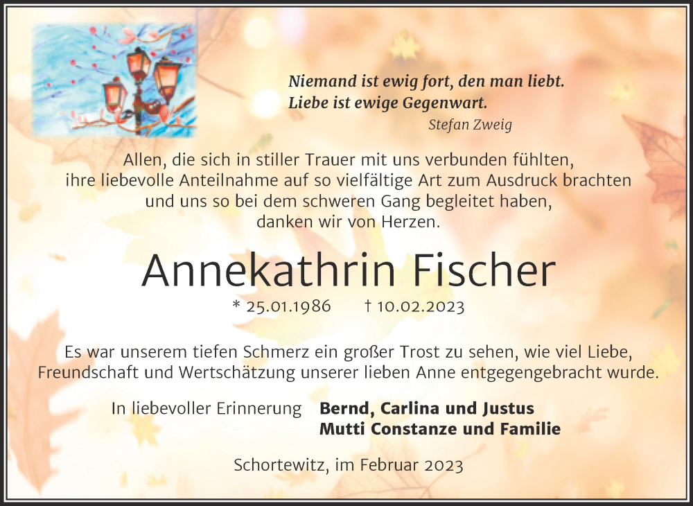  Traueranzeige für Annekathrin Fischer vom 03.03.2023 aus Trauerkombi Köthen