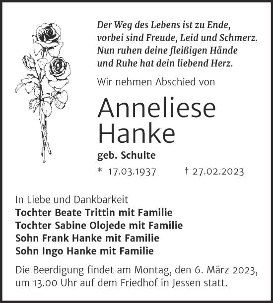 Traueranzeige von Anneliese Hanke von Trauerkombi Wittenberg