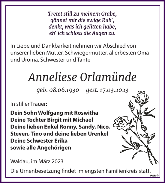 Traueranzeige von Anneliese Orlamünde von Trauerkombi Zeitz