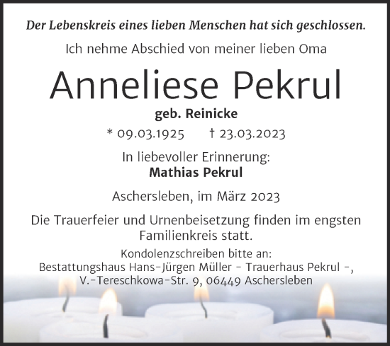 Traueranzeige von Anneliese Pekrul von Trauerkombi Aschersleben