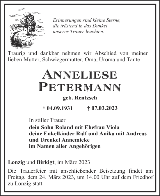 Traueranzeige von Anneliese Petermann von Mitteldeutsche Zeitung Zeitz
