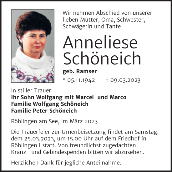 Traueranzeige von Anneliese Schöneich von Trauerkombi Mansfelder Land