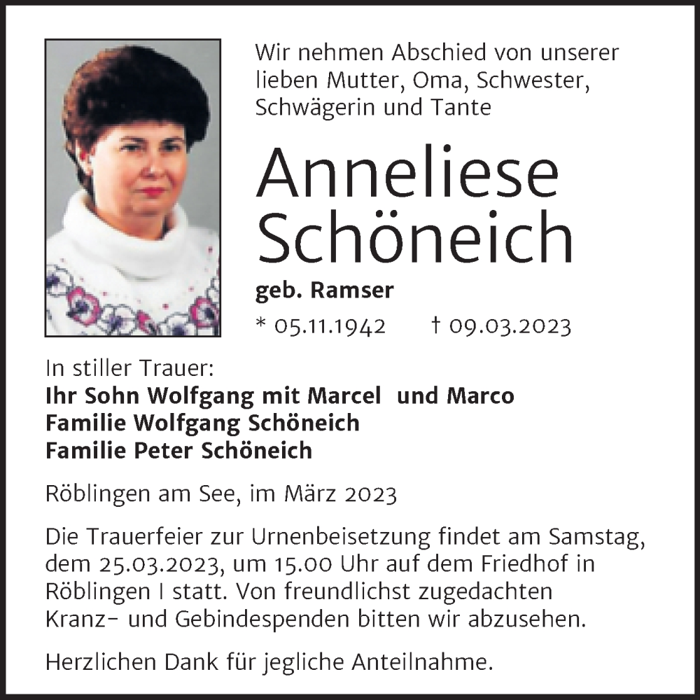 Traueranzeige für Anneliese Schöneich vom 17.03.2023 aus Trauerkombi Mansfelder Land
