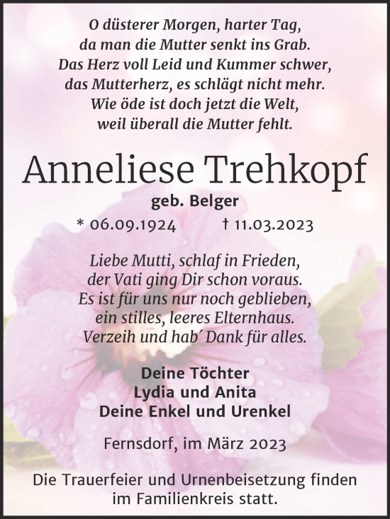 Traueranzeige von Anneliese Trehkopf von Trauerkombi Köthen