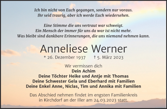 Traueranzeige von Anneliese Werner von Trauerkombi Wittenberg