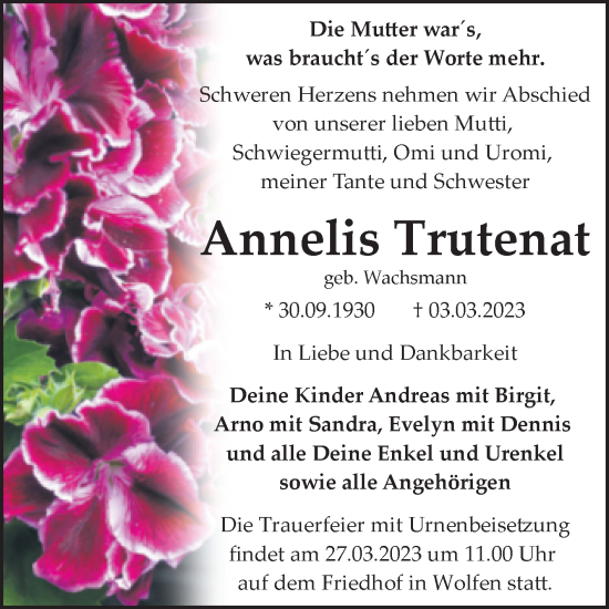 Traueranzeige von Annelis Trutenat von Trauerkombi Bitterfeld
