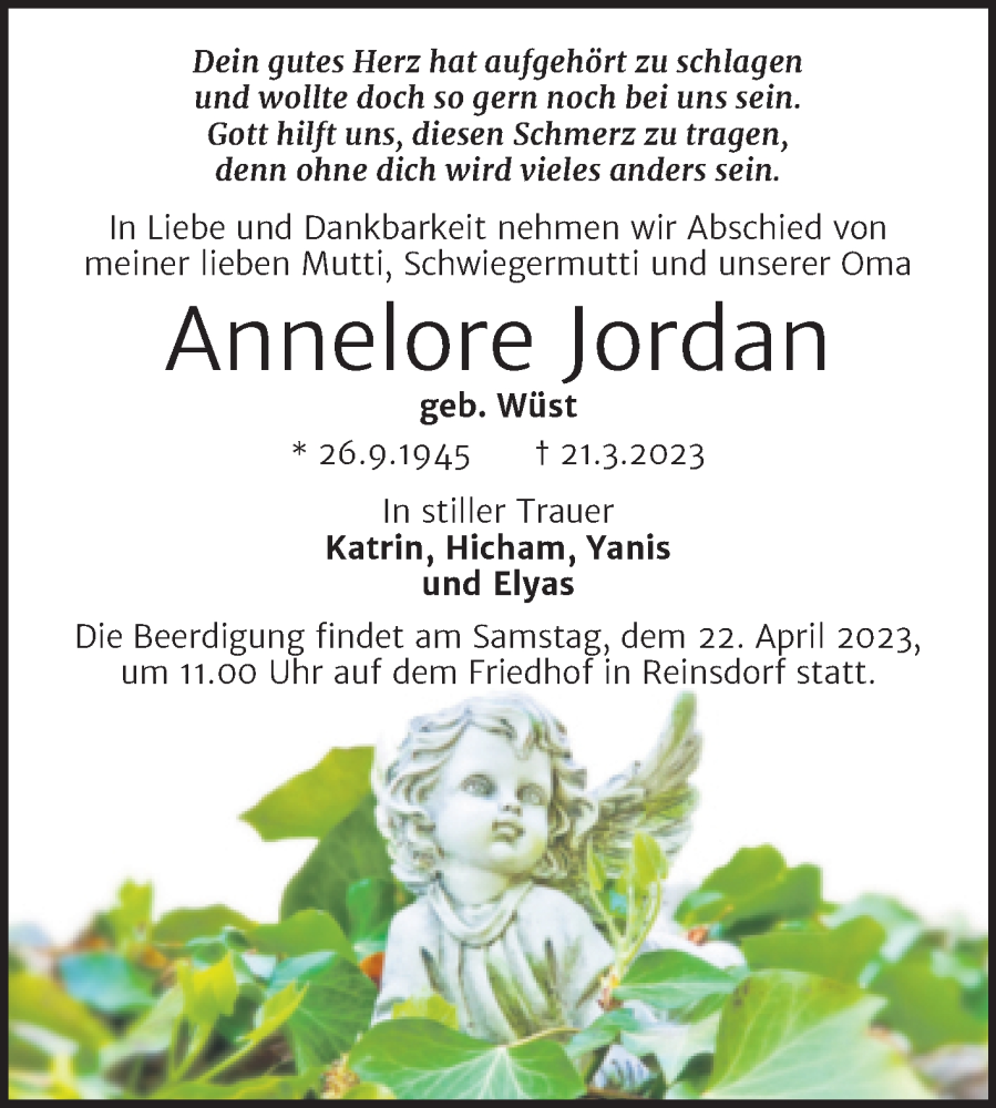  Traueranzeige für Annelore Jordan vom 25.03.2023 aus Trauerkombi Köthen