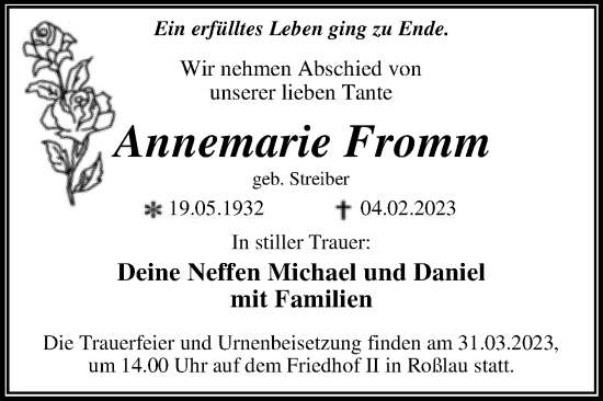 Traueranzeige von Annemarie Fromm von Trauerkombi Dessau