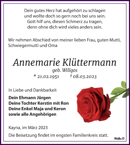 Traueranzeige von Annemarie Klüttermann von Trauerkombi Zeitz