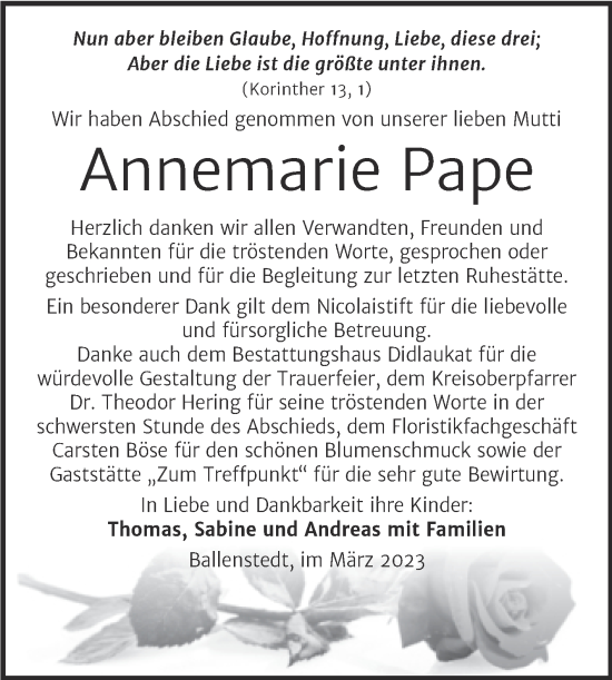 Traueranzeige von Annemarie Pape von Trauerkombi Quedlinburg