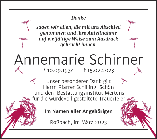 Traueranzeige von Annemarie Schirner von Wochenspiegel Naumburg/Nebra