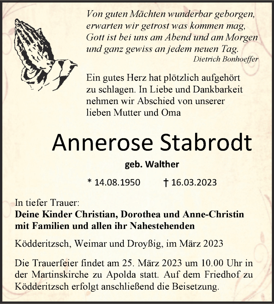  Traueranzeige für Annerose Stabrodt vom 22.03.2023 aus Mitteldeutsche Zeitung Zeitz