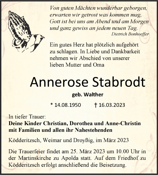 Traueranzeige von Annerose Stabrodt von Mitteldeutsche Zeitung Zeitz