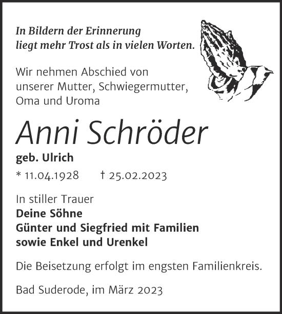 Traueranzeige von Anni Schröder von Trauerkombi Quedlinburg