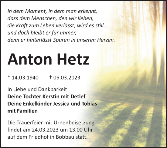 Traueranzeige von Anton Hetz von Trauerkombi Bitterfeld