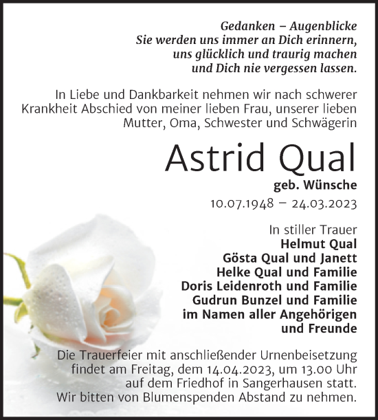 Traueranzeige von Astrid Qual von Trauerkombi Sangerhausen