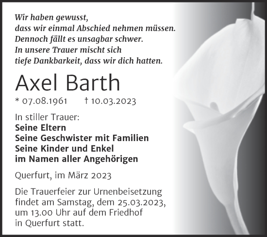 Traueranzeige von Axel Barth von Trauerkombi Merseburg