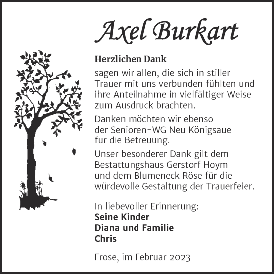 Traueranzeige von Axel Burkart von Trauerkombi Aschersleben