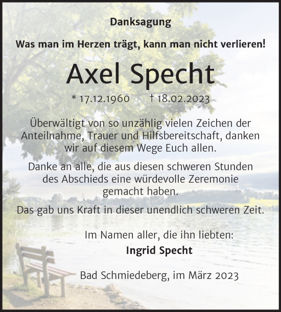 Traueranzeige von Axel Specht von Trauerkombi Wittenberg