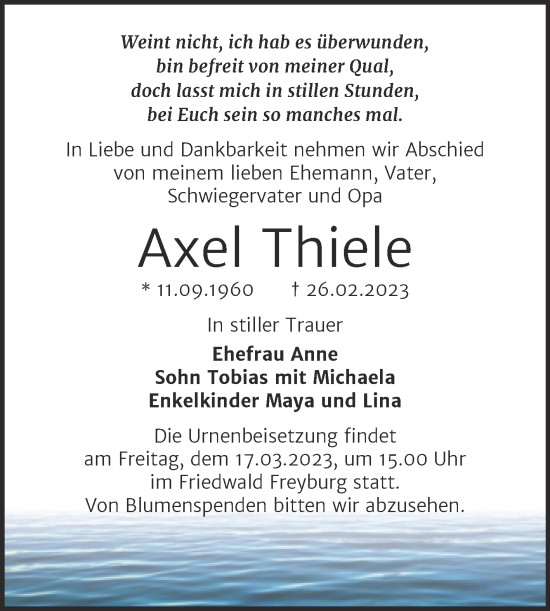 Traueranzeige von Axel Thiele von Trauerkombi Merseburg