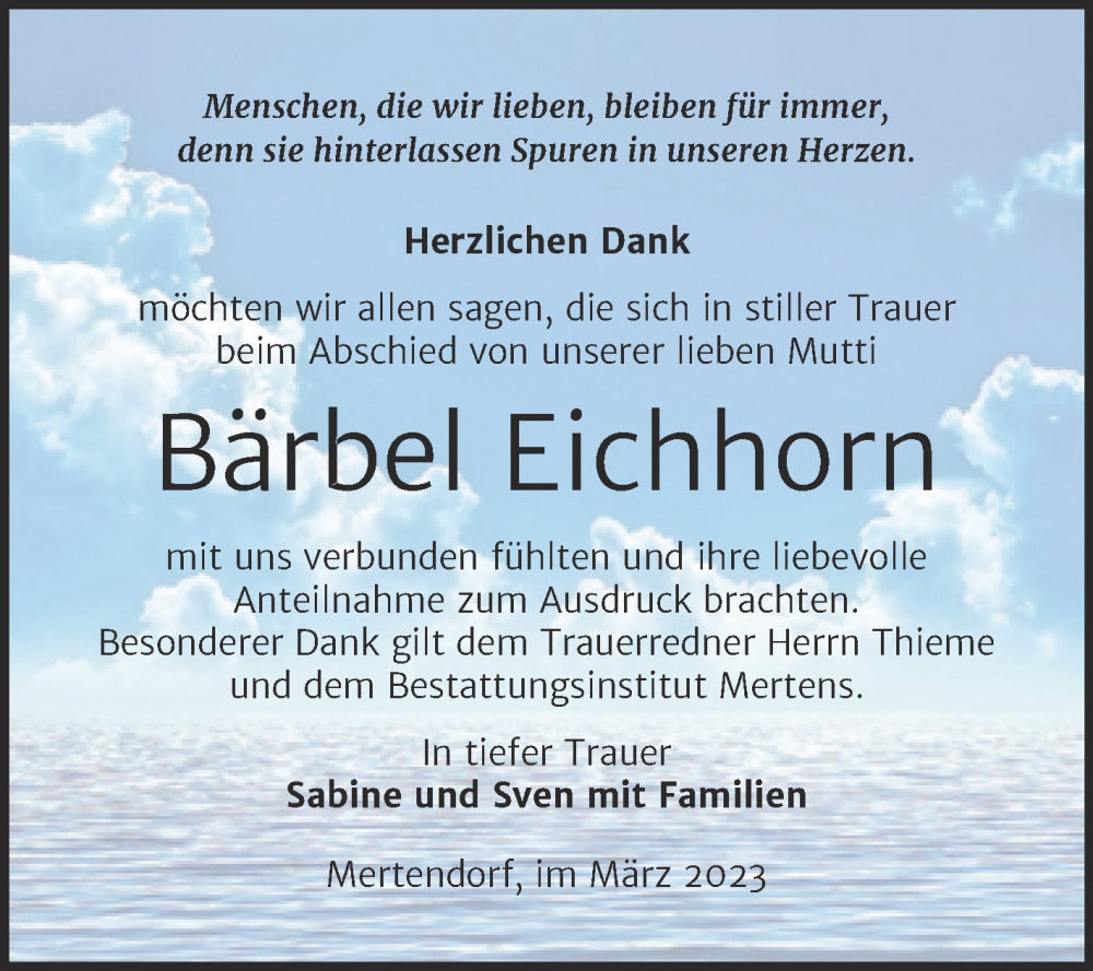  Traueranzeige für Bärbel Eichhorn vom 22.03.2023 aus Wochenspiegel Naumburg/Nebra
