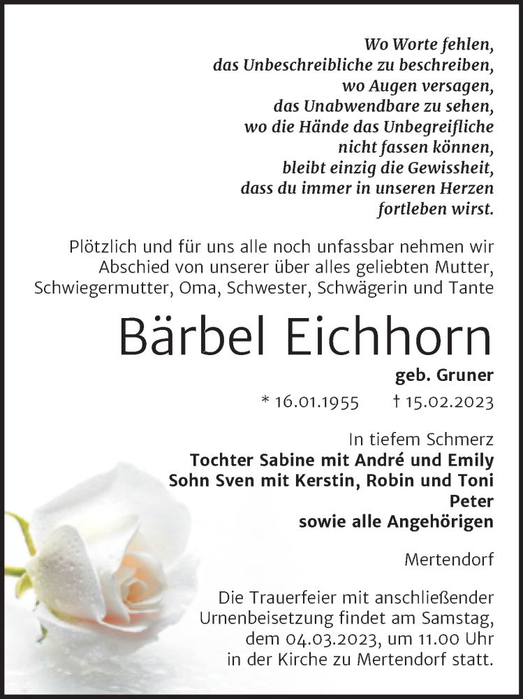 Traueranzeige für Bärbel Eichhorn vom 01.03.2023 aus Wochenspiegel Naumburg/Nebra