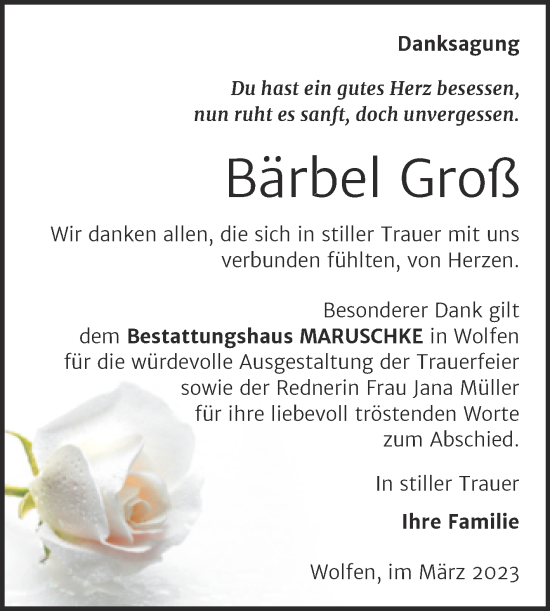 Traueranzeige von Bärbel Groß von Trauerkombi Bitterfeld