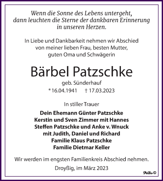 Traueranzeige von Bärbel Patzschke von Trauerkombi Zeitz